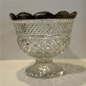 Vintage Anchor Hocking Wexford Pedestal Cut Crystal Bowl w/ Sterling Silver Rim